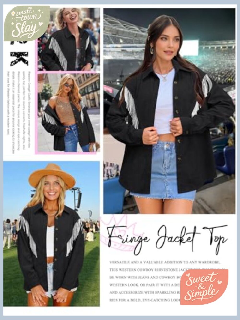 Rhinestone Fringe Corduroy Shacket Jacket Long Sleeve Button Down Concert Outfit - Picture 3 of 7